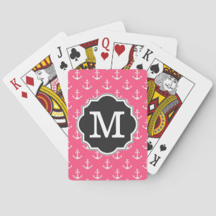 Pink Anchor Pattern Monogram Playing Cards