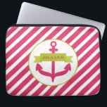 Pink Anchor & Stripes Electronics Bag<br><div class="desc">An electronics bag featuring an illustration of a pink anchor covered by a green banner.  Personalize with your name in pink on banner.  Anchor is inside circle outlined in green.  Background is hot pink  diagonal stripes.</div>