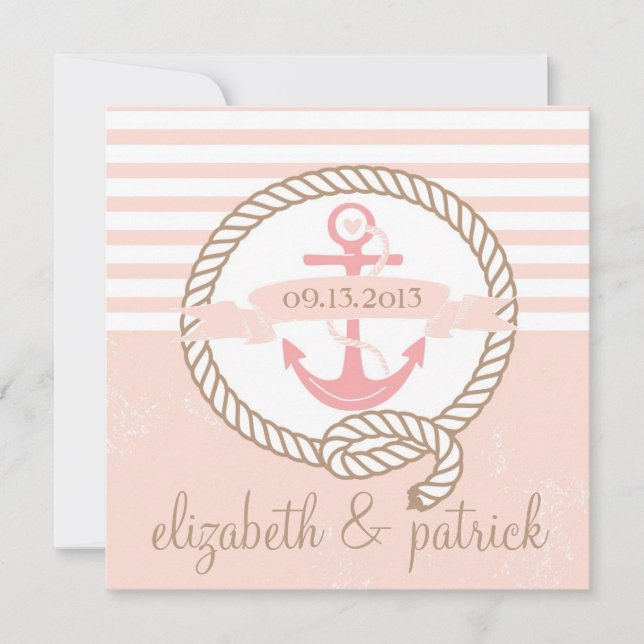 Pink Anchor Stripes Nautical Wedding Invitation (Front)