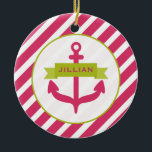 Pink Anchor & Stripes Ornament<br><div class="desc">An ornament featuring an illustration of a pink anchor covered by a green  banner.  Personalize with your name in pink on banner.  Anchor  is inside circle outlined in green.  Background is hot pink  diagonal stripes.</div>