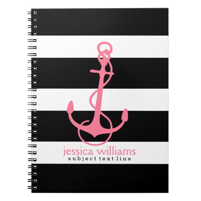 Pink Anchor With Black On White Stripes Notebook (Front)