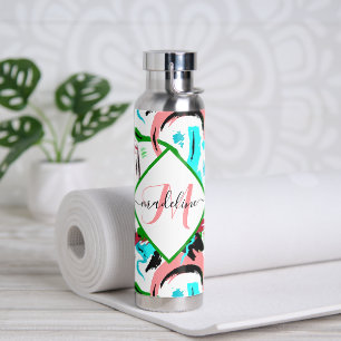 Pink and aqua abstract personalized water bottle