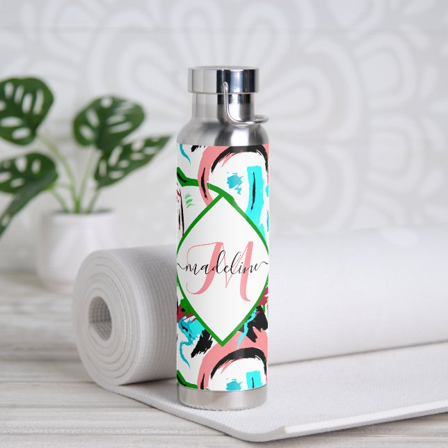 Pink and aqua abstract  personalized water bottle (Yoga)