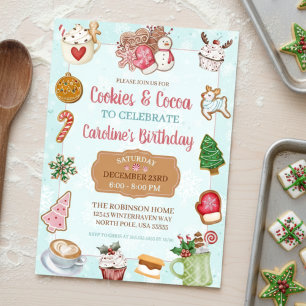 Pink and Aqua Christmas Cookies and Cocoa Birthday Invitation