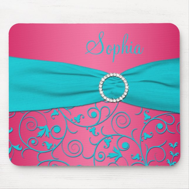 Pink and Aqua Damask Mousepad (Front)