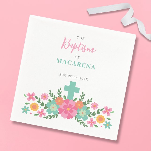 Pink and aqua flowers with cross baby girl Baptism Napkin (Creator Uploaded)