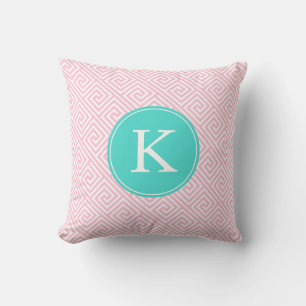 Pink and Aqua Greek Key Pattern Monogram Throw Pillow