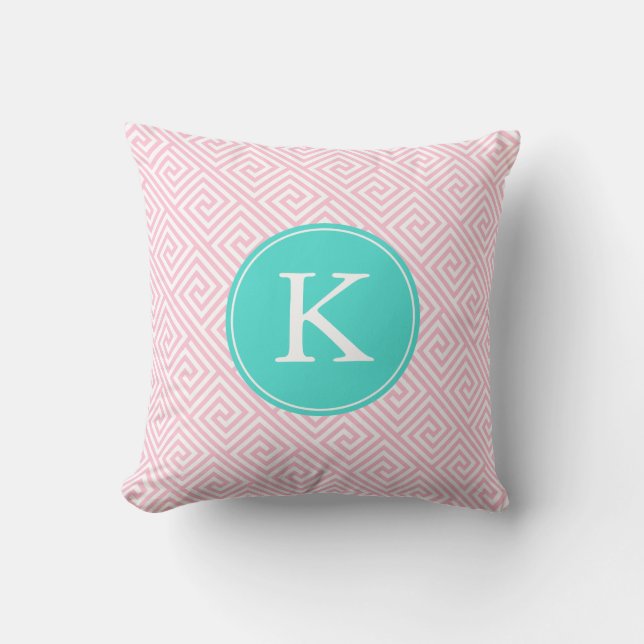 Pink and Aqua Greek Key Pattern Monogram Throw Pillow (Front)