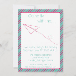 Pink and Aqua Paper Airplane Birthday Invite