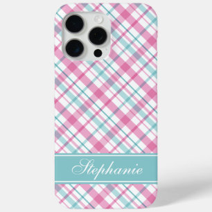 Pink and Aqua Plaid Pattern iPhone 15 Pro Max Case