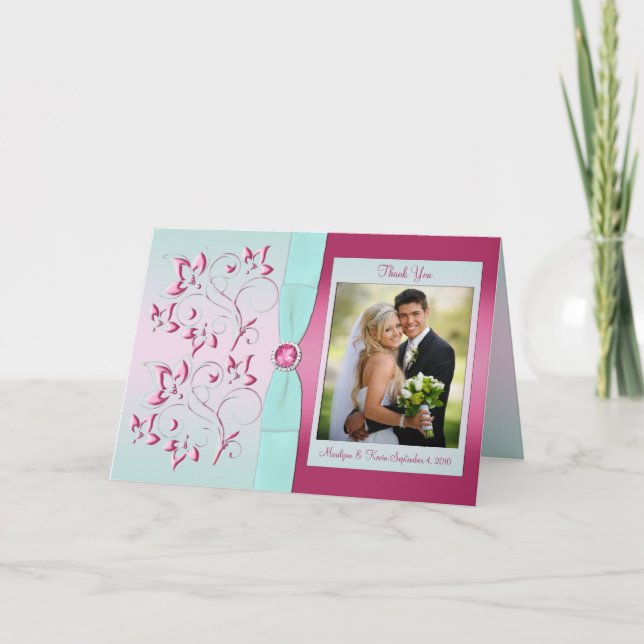 Pink and Aqua Thank You Card with Photo (Front)