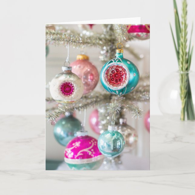 Pink and Aqua Vintage Christmas Ornaments Card (Front)