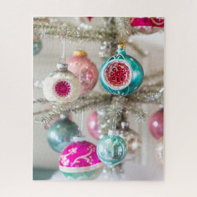 Pink and Aqua Vintage Christmas Ornaments Puzzle (Vertical)
