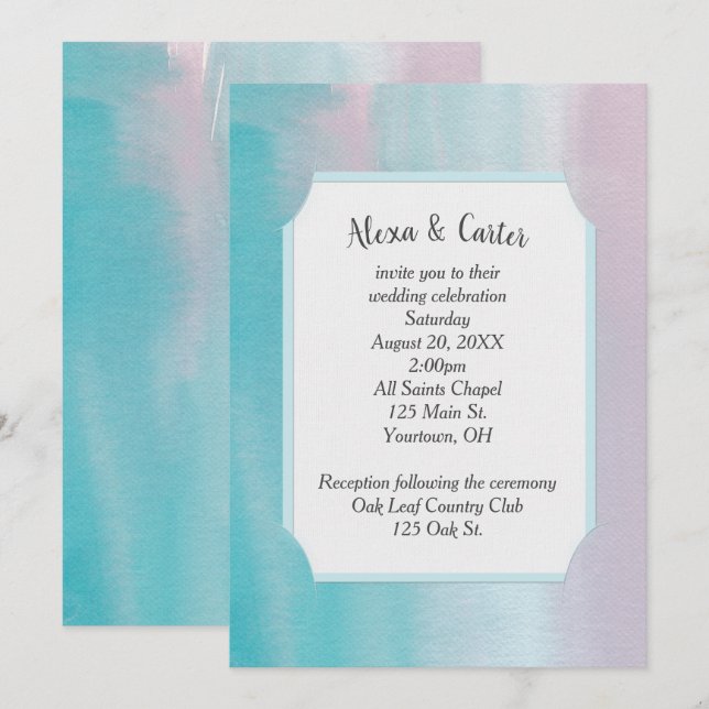 Pink and Aqua Watercolor Wedding Invitation (Devant / Derrière)