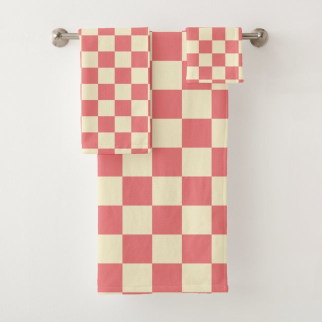 Pink and Beige Chequerboard Bath Towel Set (Insitu)