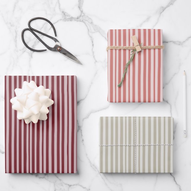Pink and Beige Stipes Christmas Wrapping Paper (Front)