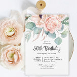 Pink and Beige Watercolor Floral 50th Birthday Invitation<br><div class="desc">A beautifully feminine 50th birthday party invitation to celebrate this special milestone birthday, this design features a lovely bouquet of watercolor poppies, roses, eucalyptus and trailing greenery in pastel beige, pink, green and blue-green. Celebrate the guest of honour in charming style with this unique invitation notch shaped design. Personalize the...</div>