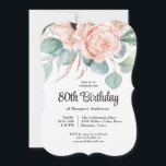 Pink and Beige Watercolor Floral 80th Birthday Invitation<br><div class="desc">A beautifully feminine 80th birthday party invitation to celebrate this special milestone birthday, this design features a lovely bouquet of watercolor poppies, roses, eucalyptus and trailing greenery in pastel beige, pink, green and blue-green. Celebrate the guest of honour in charming style with this unique invitation notch shaped design. Personalize the...</div>
