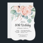 Pink and Beige Watercolor Floral 80th Birthday Invitation<br><div class="desc">A beautifully feminine 80th birthday party invitation to celebrate this special milestone birthday, this design features a lovely bouquet of watercolor poppies, roses, eucalyptus and trailing greenery in pastel beige, pink, green and blue-green. Celebrate the guest of honour in charming style with this unique invitation notch shaped design. Personalize the...</div>