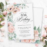 Pink and Beige Watercolor Floral 80th Birthday Invitation<br><div class="desc">A beautifully feminine 80th birthday party invitation to celebrate this special milestone birthday, this design features lovely bouquets of soft watercolor poppies, roses, eucalyptus and trailing greenery in pastel beige, pink, green and blue-green. Celebrate the guest of honour in charming style with birthday spelled out in beautiful calligraphy script. Personalize...</div>