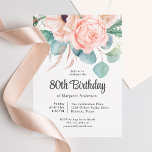 Pink and Beige Watercolor Floral 80th Birthday Invitation<br><div class="desc">A beautifully feminine 80th birthday party invitation to celebrate this special milestone birthday, this design features a lovely bouquet of watercolor poppies, roses, eucalyptus and trailing greenery in pastel beige, pink, green and blue-green. Celebrate the guest of honour in charming style with this unique invitation notch shaped design. Personalize the...</div>