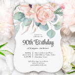 Pink and Beige Watercolor Floral 90th Birthday Invitation<br><div class="desc">A beautifully feminine 90th birthday party invitation to celebrate this special milestone birthday, this design features a lovely bouquet of watercolor poppies, roses, eucalyptus and trailing greenery in pastel beige, pink, green and blue-green. Celebrate the guest of honour in charming style with this unique invitation notch shaped design. Personalize the...</div>