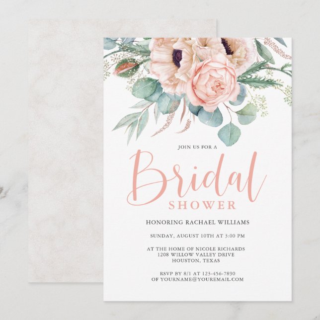 Pink and Beige Watercolor Floral Bridal Shower Invitation (Front/Back)