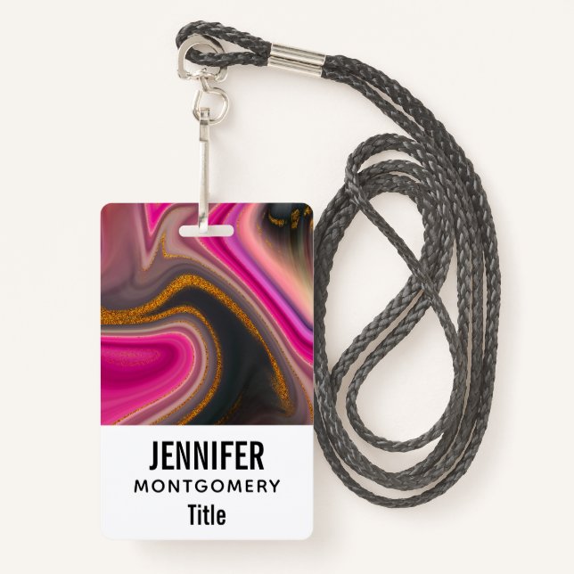 Pink and Black Abstract with Gold Swirls  Badge (Front with Lanyard)