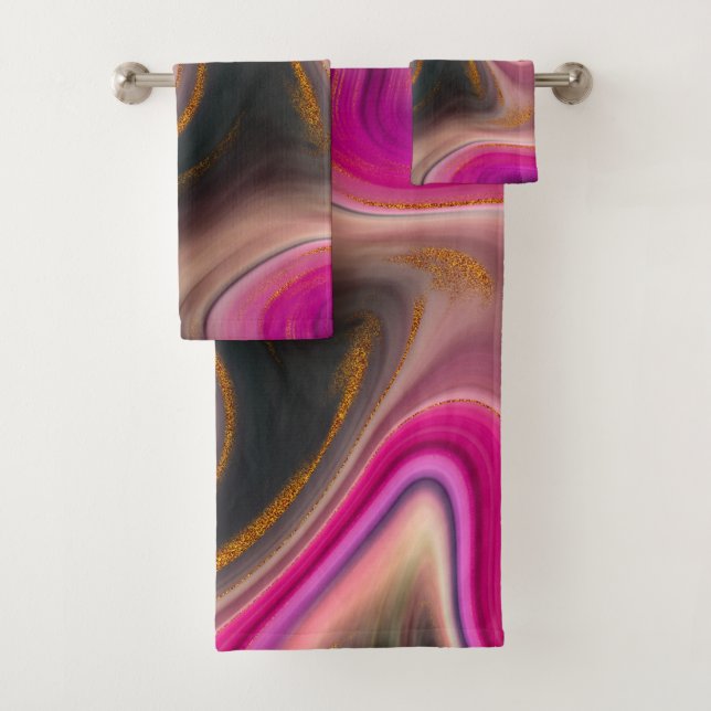 Pink and Black Abstract with Gold Swirls  Bath Towel Set (Insitu)