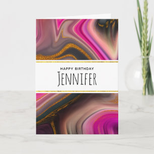 Pink and Black Abstract with Gold Swirls Birthday Card
