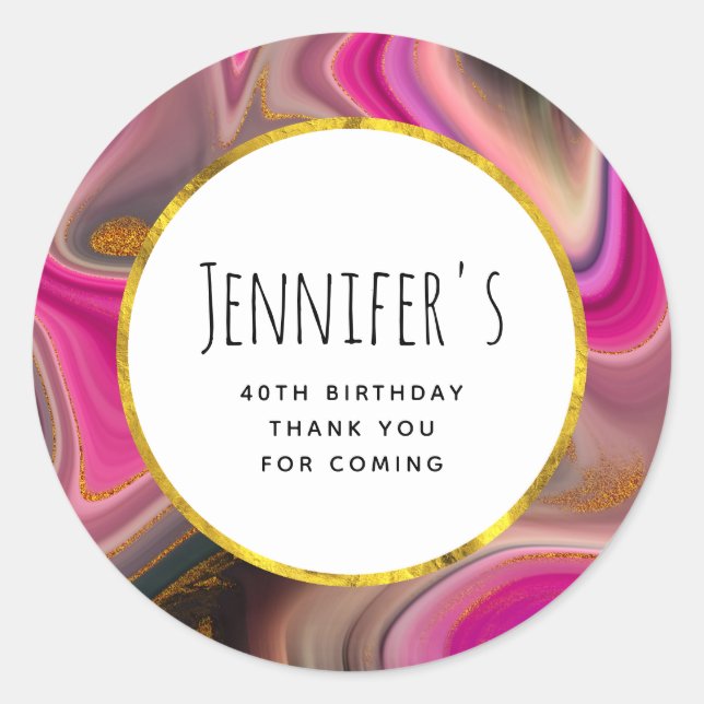 Pink and Black Abstract with Gold Swirls Birthday Classic Round Sticker (Front)