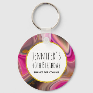 Pink and Black Abstract with Gold Swirls Birthday Keychain