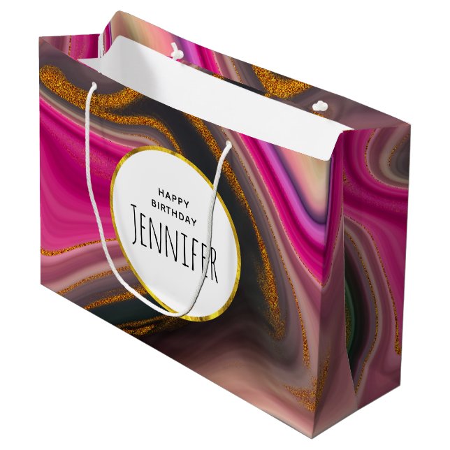 Pink and Black Abstract with Gold Swirls Birthday Large Gift Bag (Front Angled)