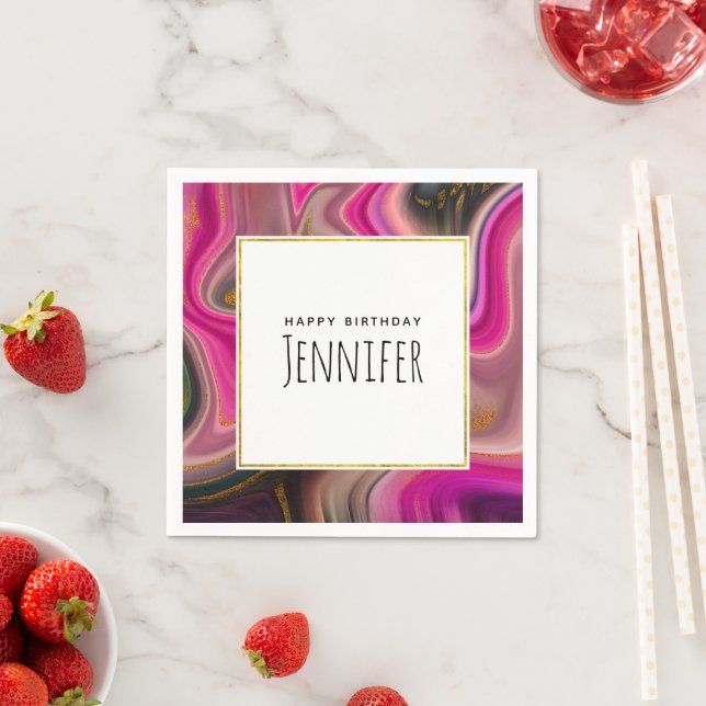 Pink and Black Abstract with Gold Swirls Birthday Napkin (Insitu)