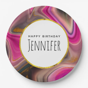 Pink and Black Abstract with Gold Swirls Birthday Paper Plate