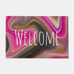 Pink and Black Abstract with Gold Swirls  Doormat