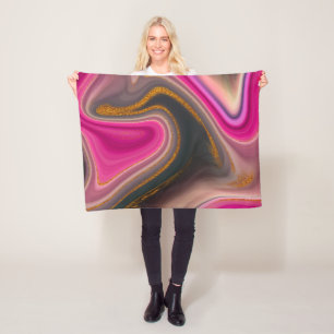 Pink and Black Abstract with Gold Swirls Fleece Blanket