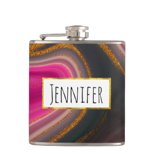  Pink and Black Abstract with Gold Swirls  Hip Flask