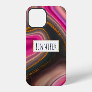 Pink and Black Abstract with Gold Swirls iPhone 12 Case