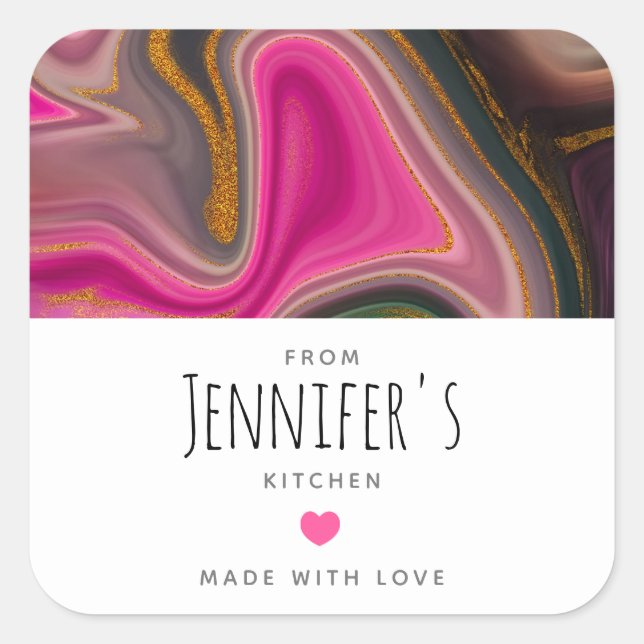 Pink and Black Abstract with Gold Swirls Kitchen Square Sticker (Front)