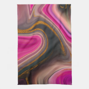Pink and Black Abstract with Gold Swirls Kitchen Towel