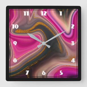 Pink and Black Abstract with Gold Swirls  Large C Square Wall Clock
