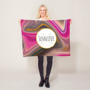 Pink and Black Abstract with Gold Swirls Monogram Fleece Blanket