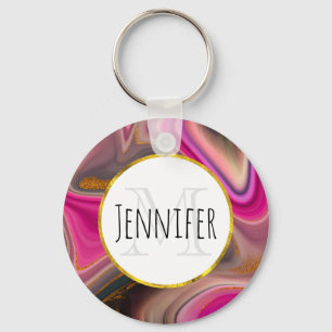 Pink and Black Abstract with Gold Swirls Monogram Keychain