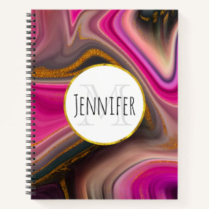 Pink and Black Abstract with Gold Swirls Monogram Notebook