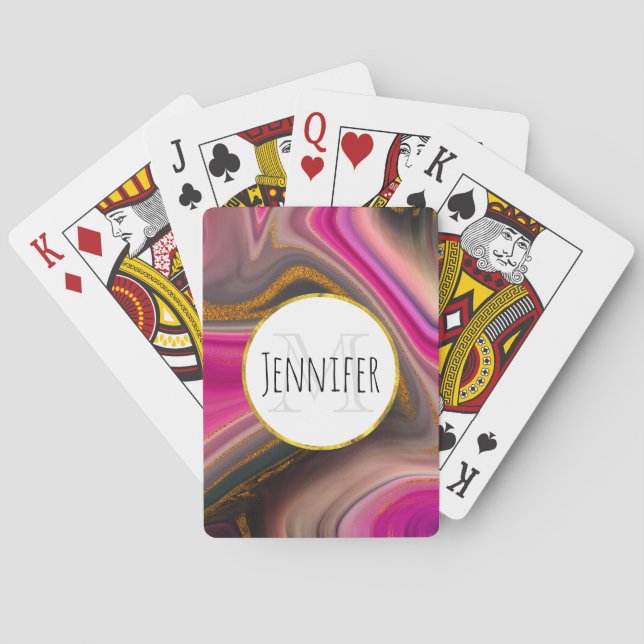 Pink and Black Abstract with Gold Swirls Monogram Playing Cards (Back)