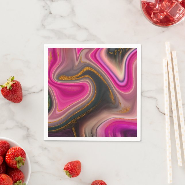 Pink and Black Abstract with Gold Swirls  Napkin (Insitu)