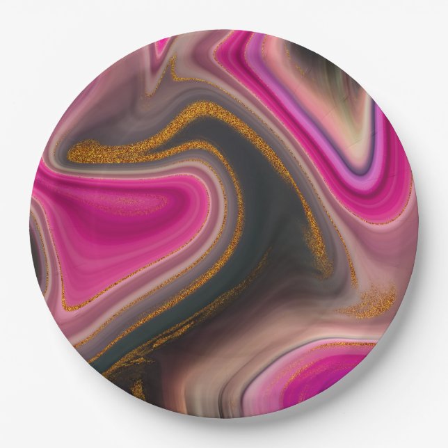 Pink and Black Abstract with Gold Swirls  Paper Plate (Front)