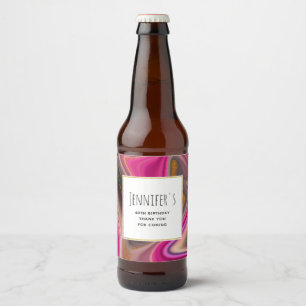 Pink and Black Abstract with Gold Swirls Party Beer Bottle Label