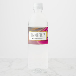 Pink and Black Abstract with Gold Swirls Party  Water Bottle Label